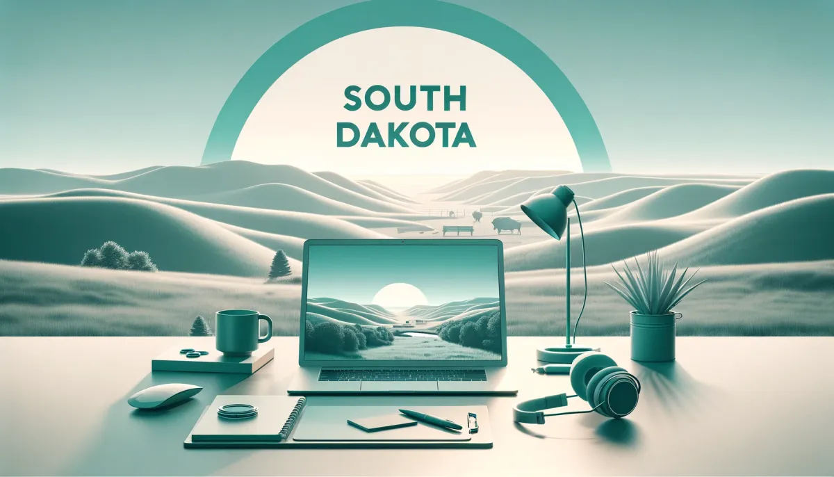 DALL E 2024 02 16 19.13.59   A Serene Landscape Representing South Dakota As A Digital Nomad Hub  Featuring A Minimalist Design. The Image Showcases A Virtual Office Setup In A Na.webp
